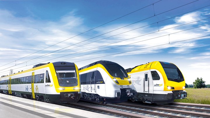 Drei bwegt-Züge stehen nebeneinander: VT612, ET442 Talent 2 und Flirt 3