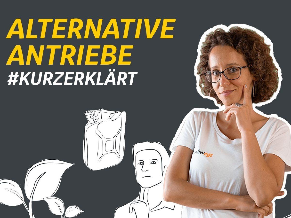 Frau steht vor einer Grafik mit Personen, einem Benzin-Kanister und Pflanzen. Im Hintergrund steht Alternative Antriebe #kurzerklärt.