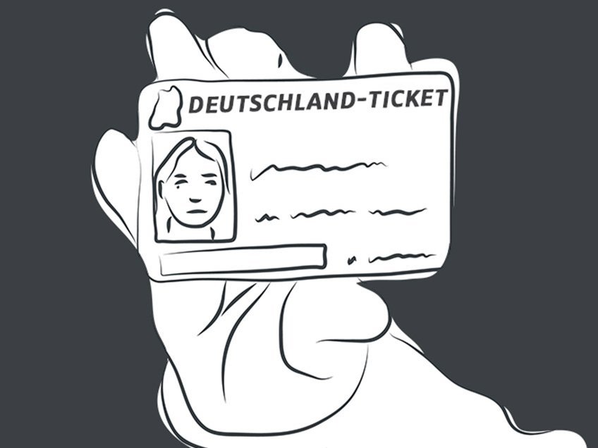 Grafik einer Hand, die ein Deutschlandticket hält.