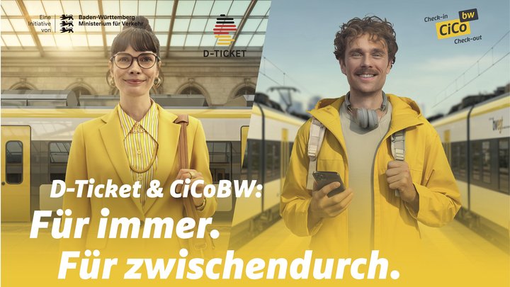 2 Personen in gelben Klamotten, mit dem Schriftzug D-Ticket & CiCoBW: Für immer. Für zwischendurch.