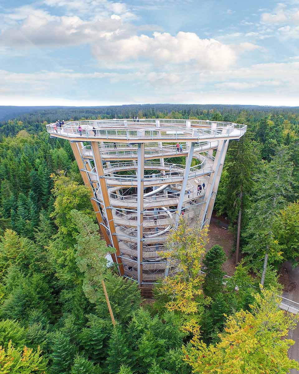 Aussichtsturm mit Spiraltreppe mitten im Wald.