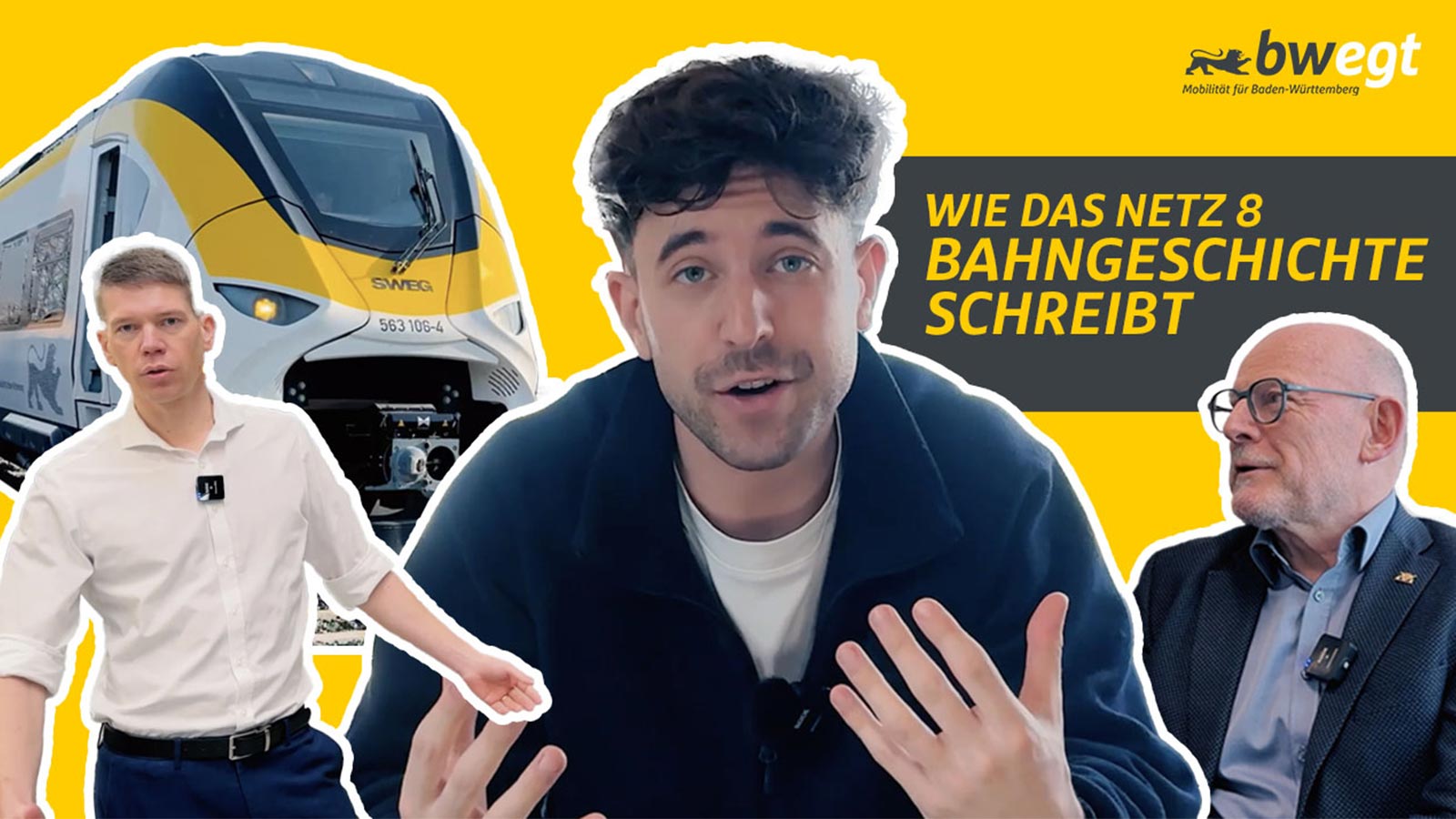 Collage: Junger Mann blickt in die Kamera. Im Hintergrund ist der Verkehrsmnister zu sehen, ein Mitarbeiter der SWEG und ein Zug.