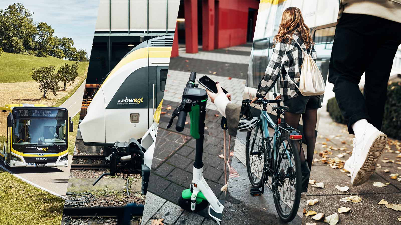 Eine Bildcollage zeigt verschiedene Formen der Mobilität (v.l.n.r.): einen Regiobus, einen Regionalzug, einen E-Scooter, eine Frau mit Fahrrad am Bahnhof sowie eine zu Fuß gehende Person.