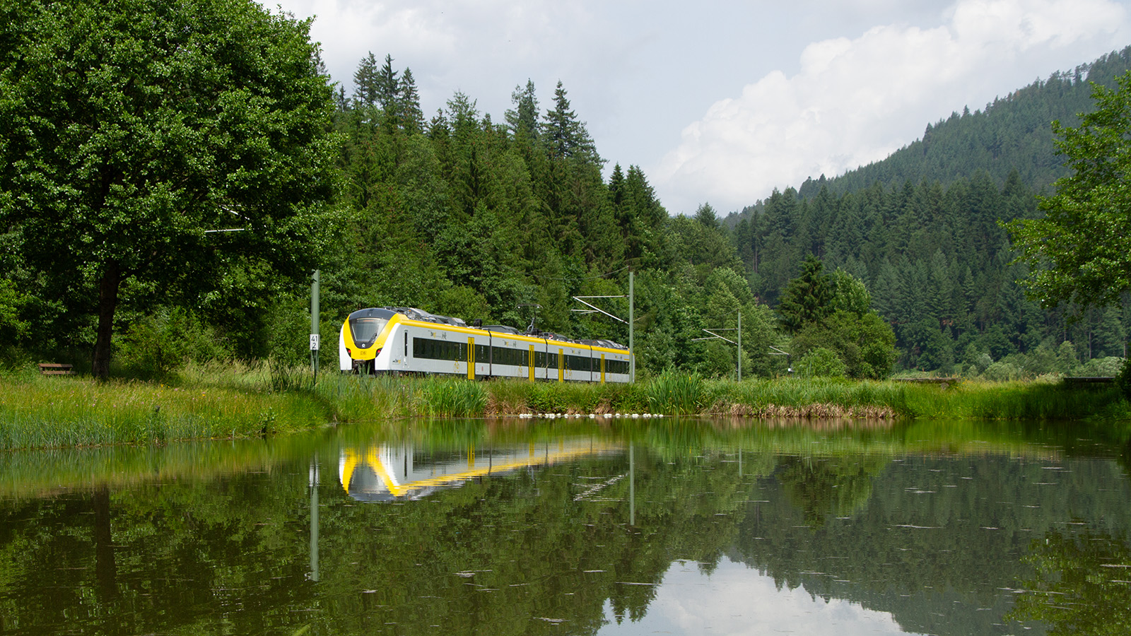 Ein Freizeitexpress-Zug fährt hinter einem See vorbei.