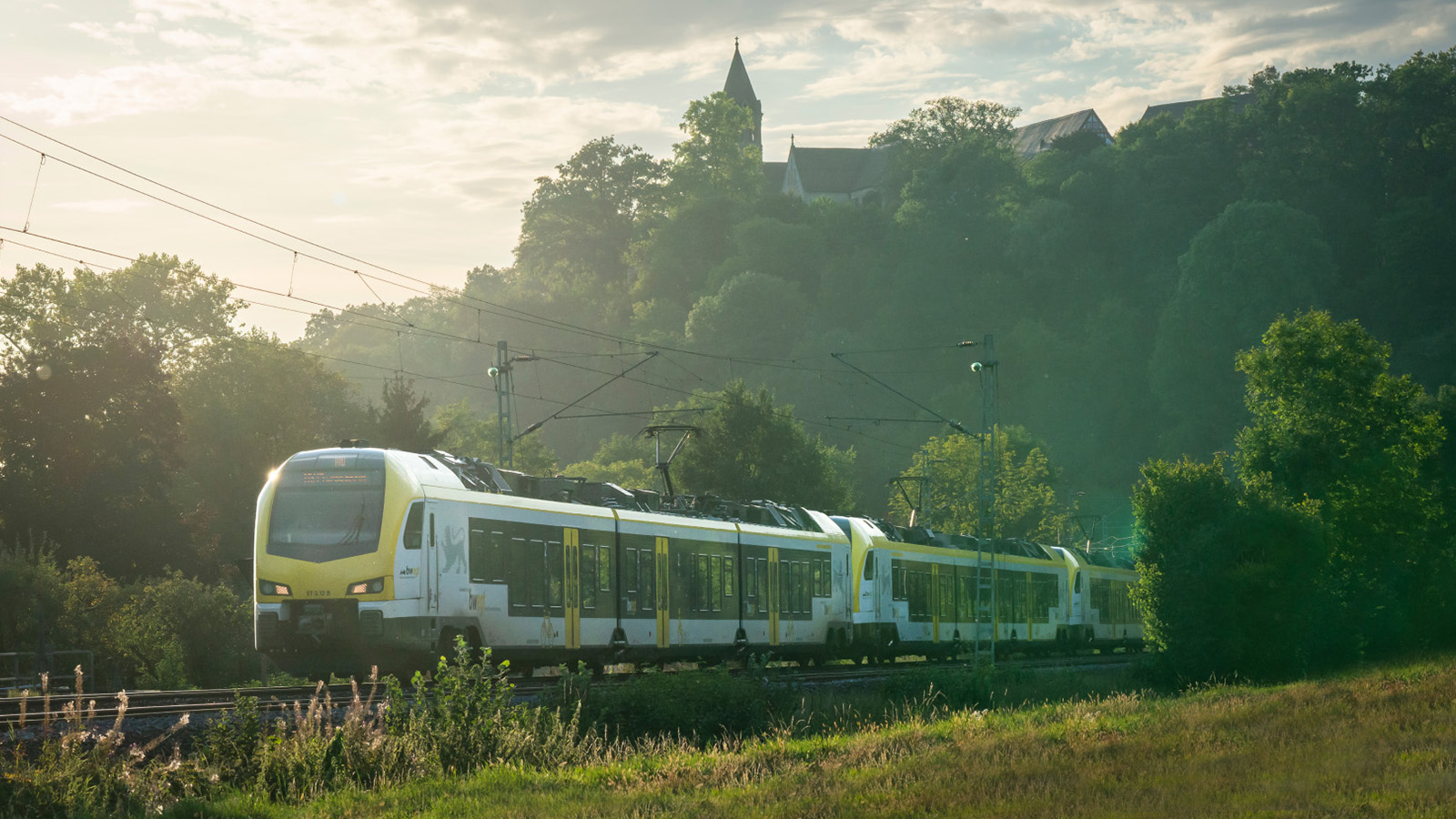 Ein Regionalexpress fährt durch eine grüne Wiesenlandschaft